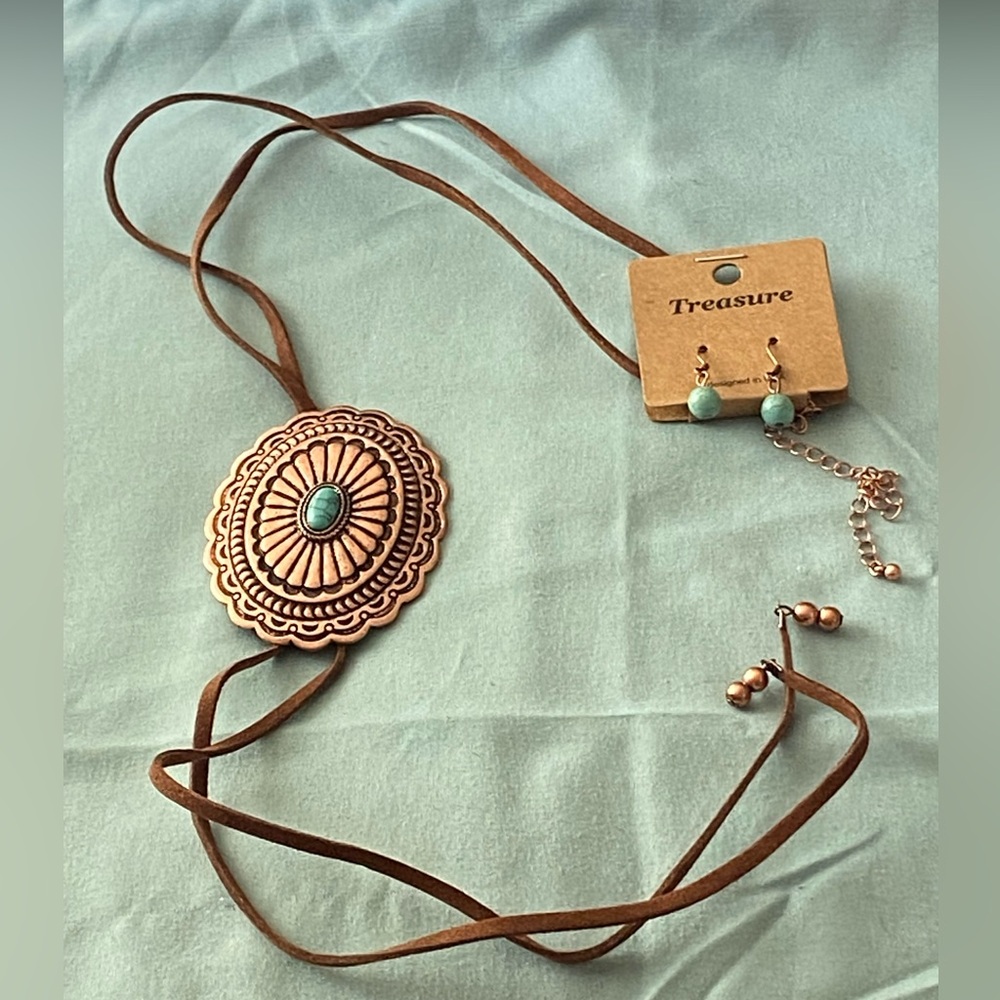 Treasure Necklace & Earrings Set Copper Pendant Turquoise Stone Brown Suede Cord